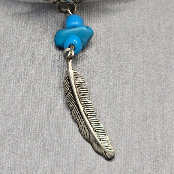 VTG Southwestern Sterling Silver Bracelet 6.75" Crushed Turquoise Feather Charm - Picture 3 of 15